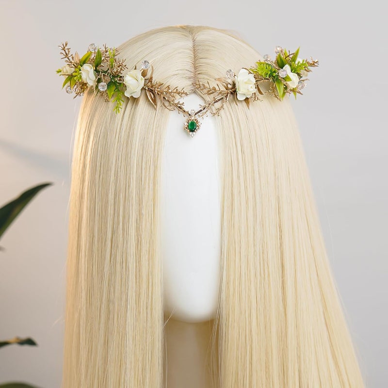 MOSTORY Woodland Fairy Crown Headpiece - Green Flower Elf Crowns for Fairy Cotume Women Renaissance, Forest Floral Headband Elven Circlet for Renfaire Cosplay Photo Shoot - Image 2